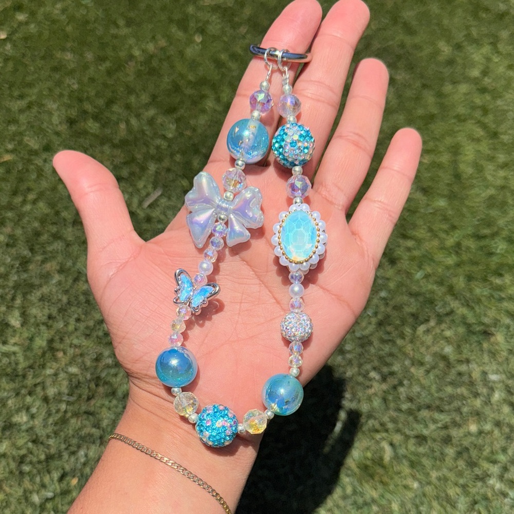 Iridescent Blue Beaded charm phone/card/keychain holder